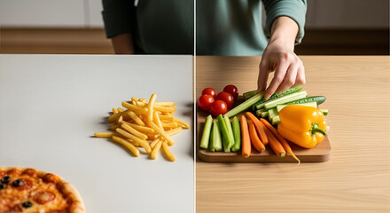 Hand Choosing Healthy Vegetables Over Unhealthy Food. A person selects fresh vegetables while ignoring fries and pizza to represent healthier eating choices.