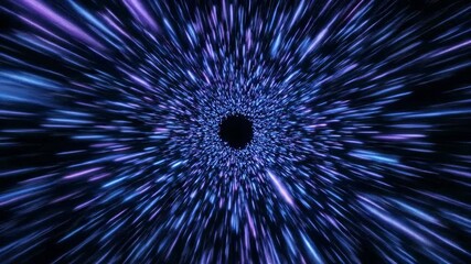 Seamless looping light speed tunnel effect generating vibrant streaks of blue and purple toward the viewer in a black void endless, fantasy, Seamless looping