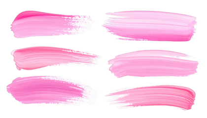Six brushstrokes of various pink hues against a stark black background