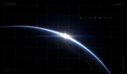 Fototapeta premium Blue arc of planet with luminous grid sweep. Concept of advanced visuals for VR systems, AR overlays, sci-fi UI backgrounds, metaverse mapping, and holographic design screens.