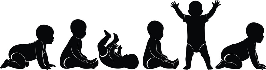 Baby silhouettes showing crawling, sitting, rolling, and standing stages, illustrating infant development, newborn growth, early movement, and childhood milestones for design use