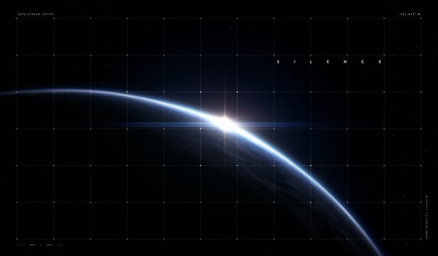 Blue arc of planet with luminous grid sweep. Concept of advanced visuals for VR systems, AR overlays, sci-fi UI backgrounds, metaverse mapping, and holographic design screens.