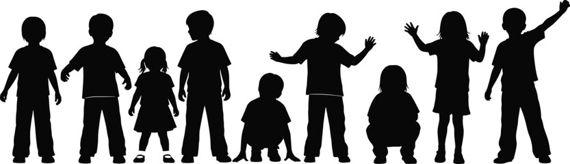 Children silhouettes standing and playing, kids posing in various actions, childhood illustration, group of boys and girls, playful youth artwork