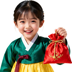 빨간복주머니든한복입은한국여자아이