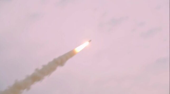 Rocket takeoff from a launch complex. Ultrasonic ballistic missile is a lethal weapon. War
