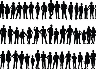 Diverse group silhouette collection of men, women, and children standing in various poses, community people illustration for design, advertising, and presentations