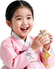 설날한복입은밝게웃는여자아이와복주머니