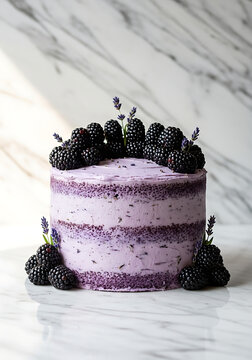 A layered purple cake decorated with fresh blackberries and lavender sprigs, set against a marble background.