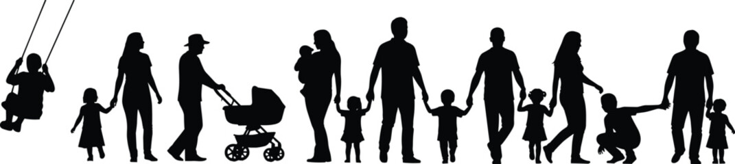 Family silhouettes of parents and children walking, playing, swinging, and bonding outdoors, showcasing togetherness, parenting, childhood moments, and happy family lifestyle