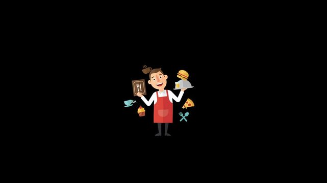 Waiter Serving Food Cartoon Illustration Stock Footage