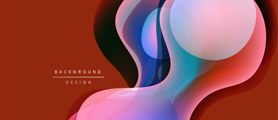 Abstract fluid shapes overlap, creating vibrant color gradients. Warm terracotta background complements cool blues, pinks, purples. Modern design element.