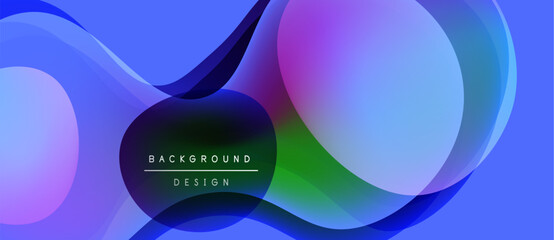 Abstract fluid shapes blend, creating vibrant blue, purple gradients. Modern design features text background, design. Smooth curves dominate composition.