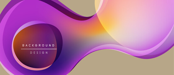 Abstract fluid shapes, vibrant colors blend. Background design features purple, orange, pink hues over beige surface. Modern aesthetic.