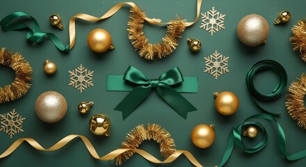 Golden vintage Christmas ornaments on a wooden door background