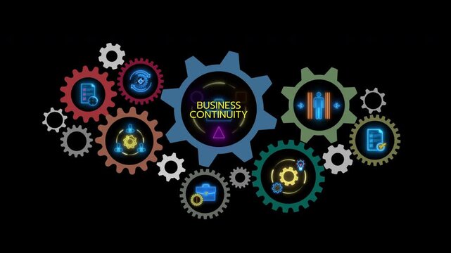 Glowing neon line banner of BUSINESS CONTINUITY concept with icons of planning, management, recovery, risk, operation, resilience and procedures isolated on black background.