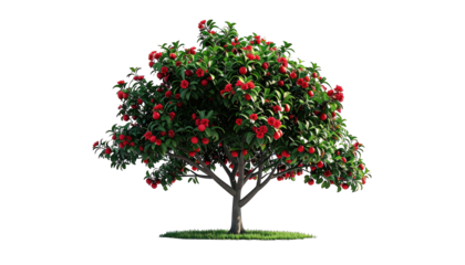 Lush tree in full bloom, bearing bright red fruit and surrounded by dark background