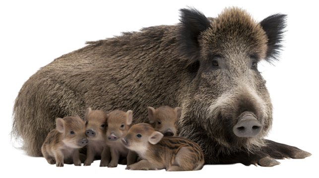 A wild boar nursing its piglets, a tender and protective maternal scene rarely witnessed in the wild forest, isolated on a Transparent background