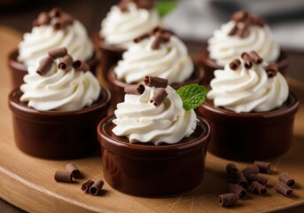 Delicious individual chocolate mousse desserts topped with whipped cream swirl and chocolate shavings served on a wooden board