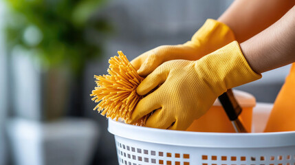 person wearing gloves sorting cleaning tools in storage basket, home cleaning and housekeeping concept, hygiene and organization, domestic chores, stock photo style