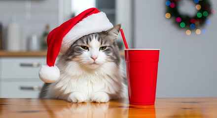 Cat Wearing Santa Hat with Red Cup and Straw christmas