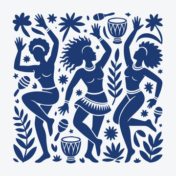 Folk Art Tribal Dancers with Tropical Elements and Musical Instruments.
