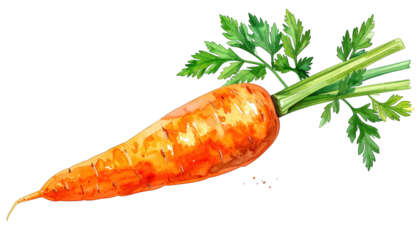 Watercolor illustration of a bright orange carrot with green leafy top on black