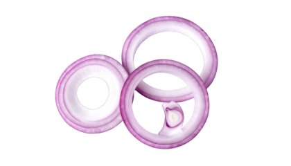 Three isolated, translucent red onion rings with shadows, on a black background
