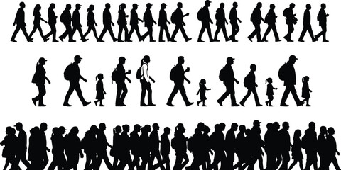 Silhouettes of people walking in groups, diverse crowd movement illustration, family pedestrians, commuters, urban walking scene, migration concept, human motion graphic
