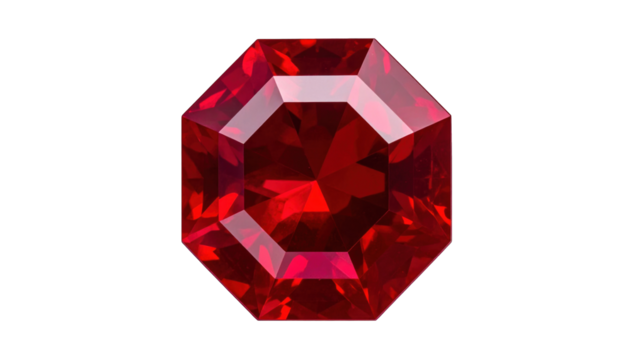 Octagonal gemstone, faceted with internal light reflections against a black background