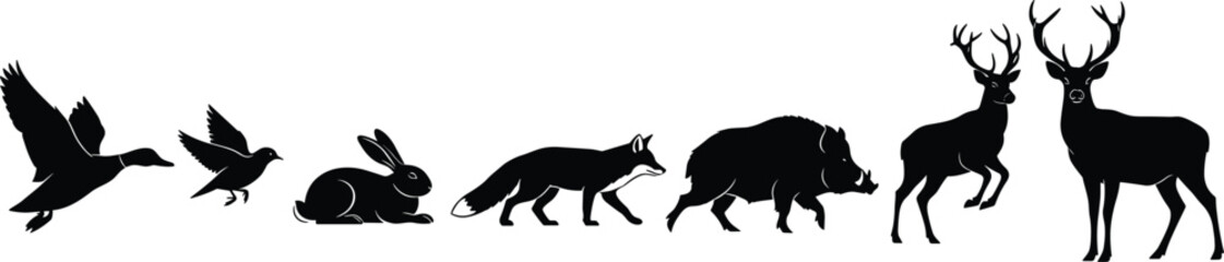 Wild animal silhouettes featuring birds, rabbit, fox, boar and deer, showcasing diverse forest wildlife elements for nature, ecology, and outdoor design themes