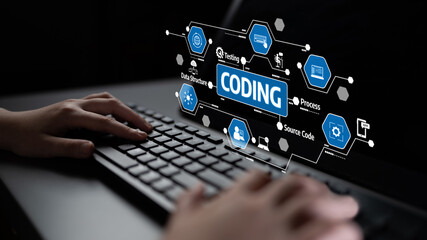 A close-up view of hands typing on a keyboard, surrounded by visual elements representing coding concepts like data structure, source code, and testing processes. Tessel