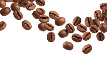 Naklejka premium Falling coffee beans isolated on white background, clipping path, full depth of field