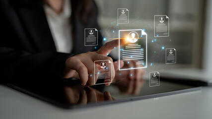 Concept of global talent acquisition and hiring. Human resources department reviewing candidate curriculum vitae and resumes for a job search and workforce selection process. Fermion