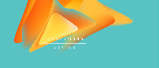 Abstract fluid shapes overlap, creating vibrant orange, yellow gradients. Teal background complements design elements. Modern, dynamic composition.