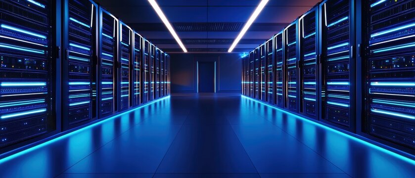 Modern Data Center Aisle with Glowing Blue Server Racks