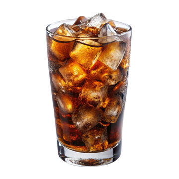 Glass of cold cola soda with ice cubes isolated on transparent background