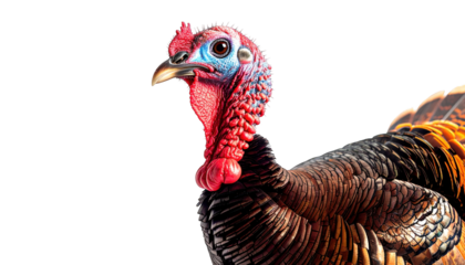 A colorful close-up of a turkey, showcasing its vibrant facial features and plumage