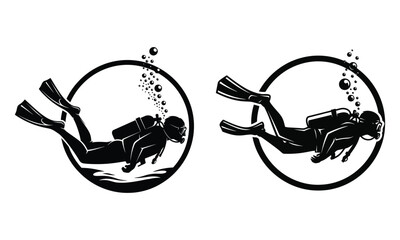 Scuba diver silhouettes in circular frames and ocean bubbles