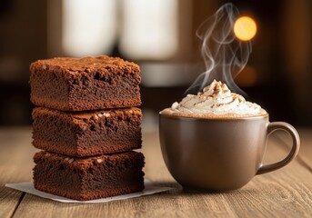 A stack of three rich, fudgy chocolate brownies sits next to a steaming mug of hot cocoa topped with whipped cream