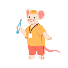 Mouse doctor character. Cute animal in medical scrubs holding thermometer. Pediatric medic, healthcare worker. Pediatrician in uniform. Flat vector illustration isolated on white background