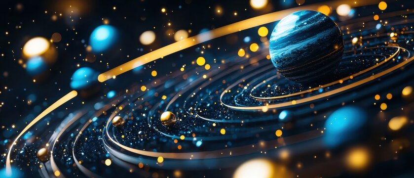 Abstract Cosmic Planet with Golden Rings and Sparkling Bokeh