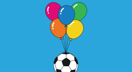 Celebrate game day with a vibrant soccer ball and colorful balloons floating against a bright blue background for your party or event design