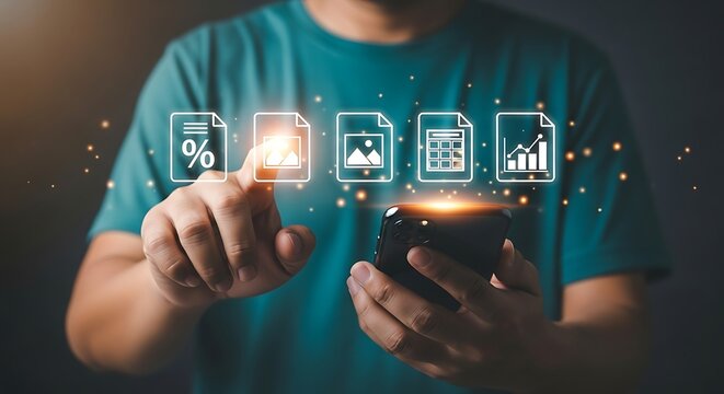 Person Interacting with Digital Document and Data Icons on Smartphone technology