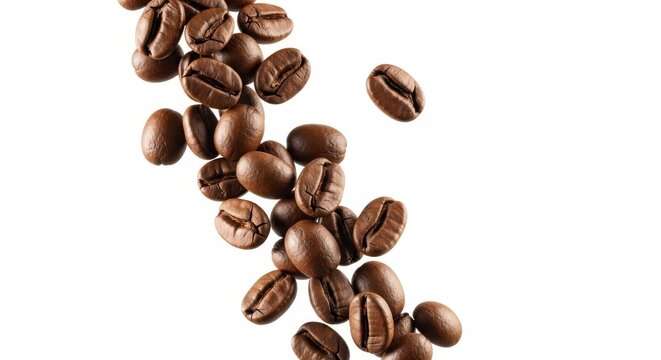 Falling coffee beans isolated on white background, clipping path, full depth of field