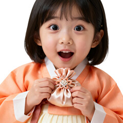 한복입은소녀가복주머니를들고놀라는모습