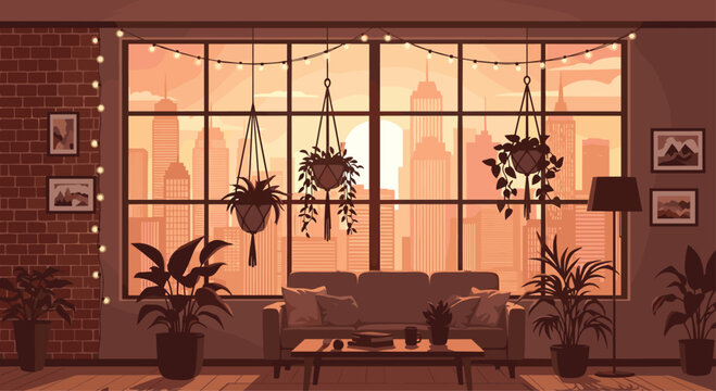 Cozy living room with city view and indoor plants creating a relaxing urban oasis, perfect for lifestyle blogs or modern interior design concepts