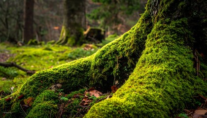 Obraz premium Mossy tree roots and vibrant green moss cover the forest floor in this serene, natural woodland scene