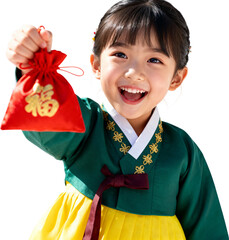 빨간복주머니를든한복입은행복한여자아이