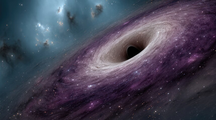 Black hole in deep space with swirling purple and blue cosmic clouds, mysterious and powerful astronomical phenomenon