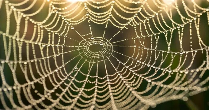Close-up view of a dewy spider web glistening in morning light with a blurred natural background
